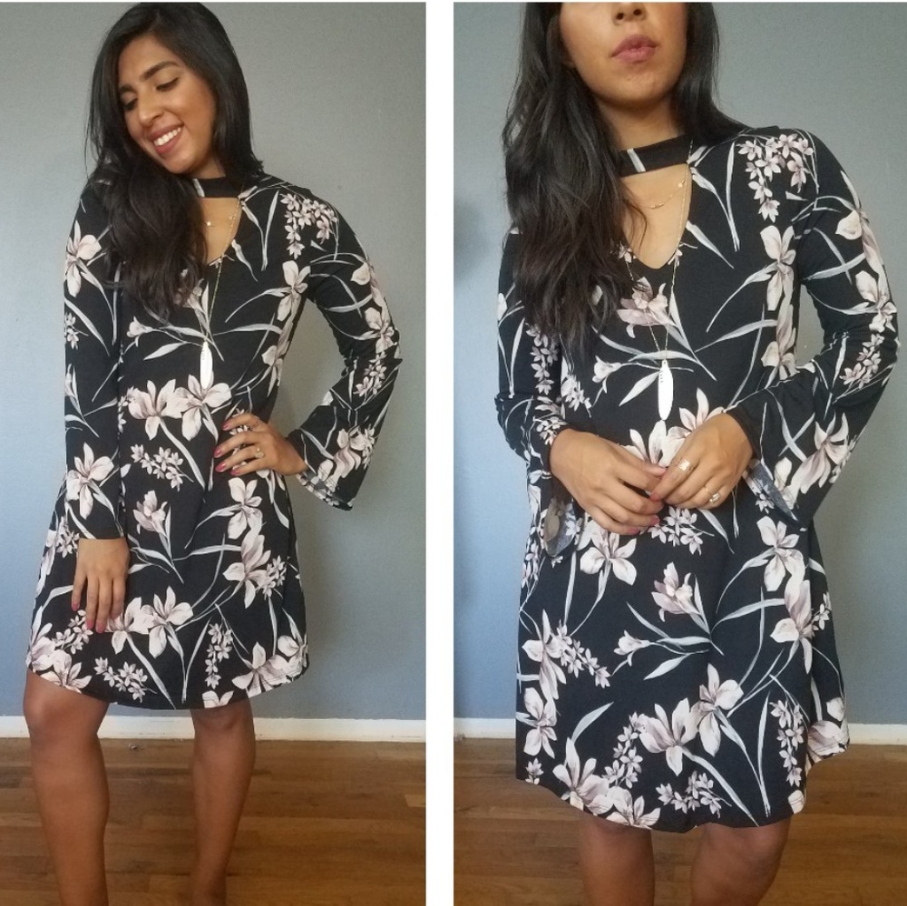 BLACK FLORAL CUTOUT TRAPEZE DRESS - Picture 1 of 8